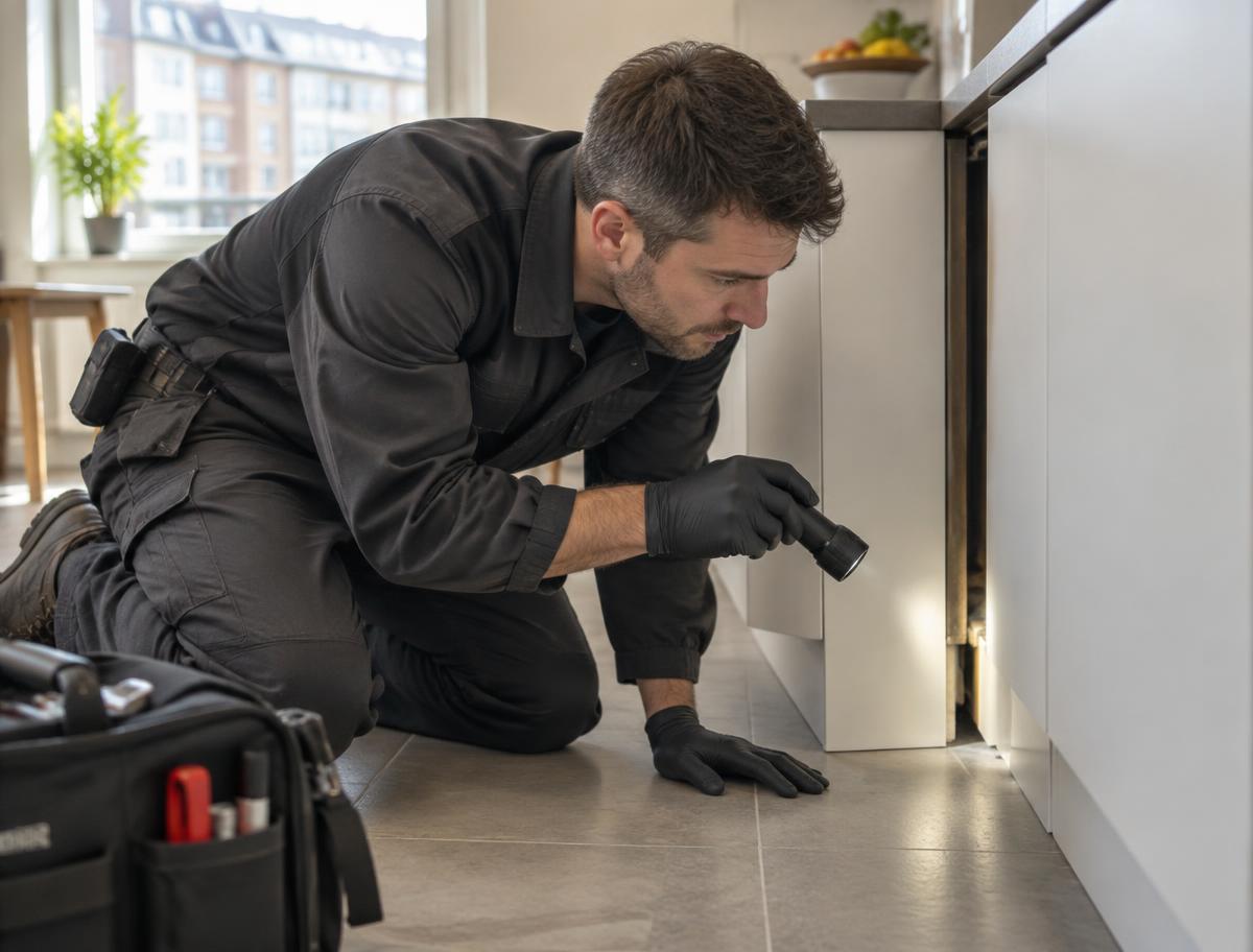 Technician checking a gap near kitchen cabinetry